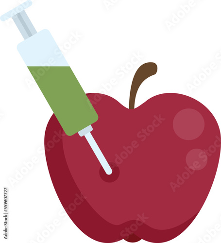 Syringe apple gmo icon flat vector. Agriculture food. Medicine healthy isolated