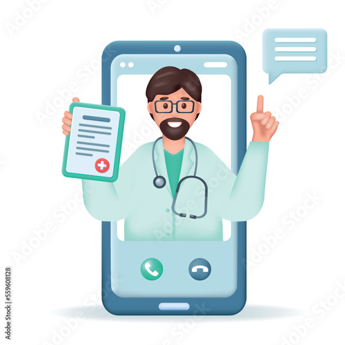 Smartphone and doctor with prescription on screen. Online Healthcare and medicine, telemedicine and medical consultation concept. 3d Realistic vector illustration isolated on white background.