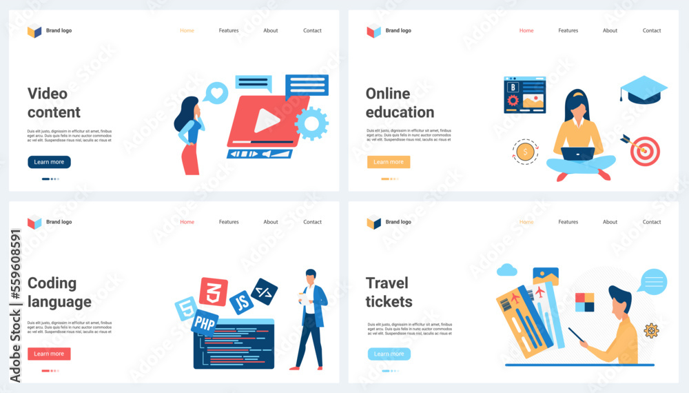 Development of video content, programming and coding language, education, buying air tickets set vector illustration. Cartoon tiny people using online services and apps to study, work and travel