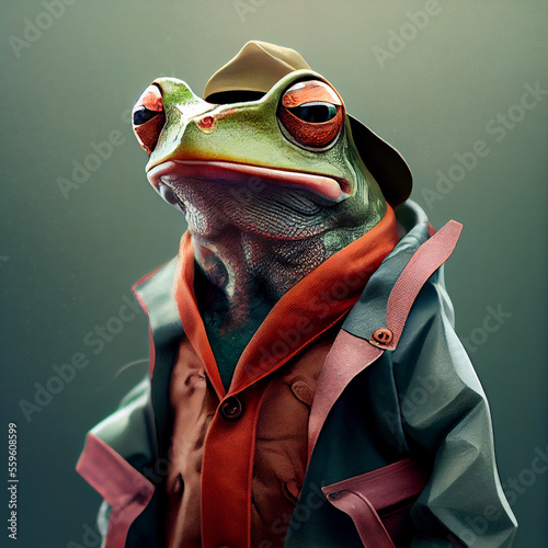 Trendy tree frog wearing a cool clothing, generative ai photo