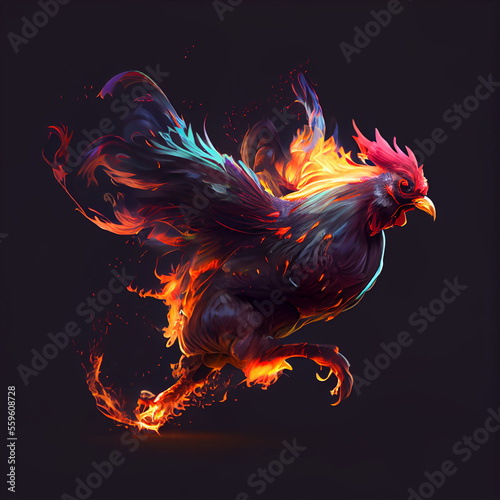 Burning running roaster, running cock with fire from legs, generative ai