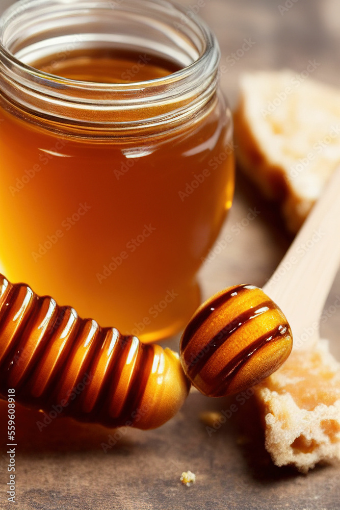 Honey in jar with honey dipper. IA Tehnology Honey in jar with honey dipper. IA Tehnology