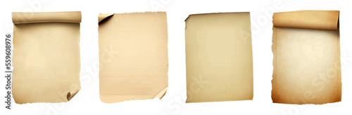 Set of Ancient Paper or Parchment Scrolls. Realistic antique vector rolls of rough paper with torn edges. Certificate, treasure map or document, letter. Textured. Realistic vector illustration
