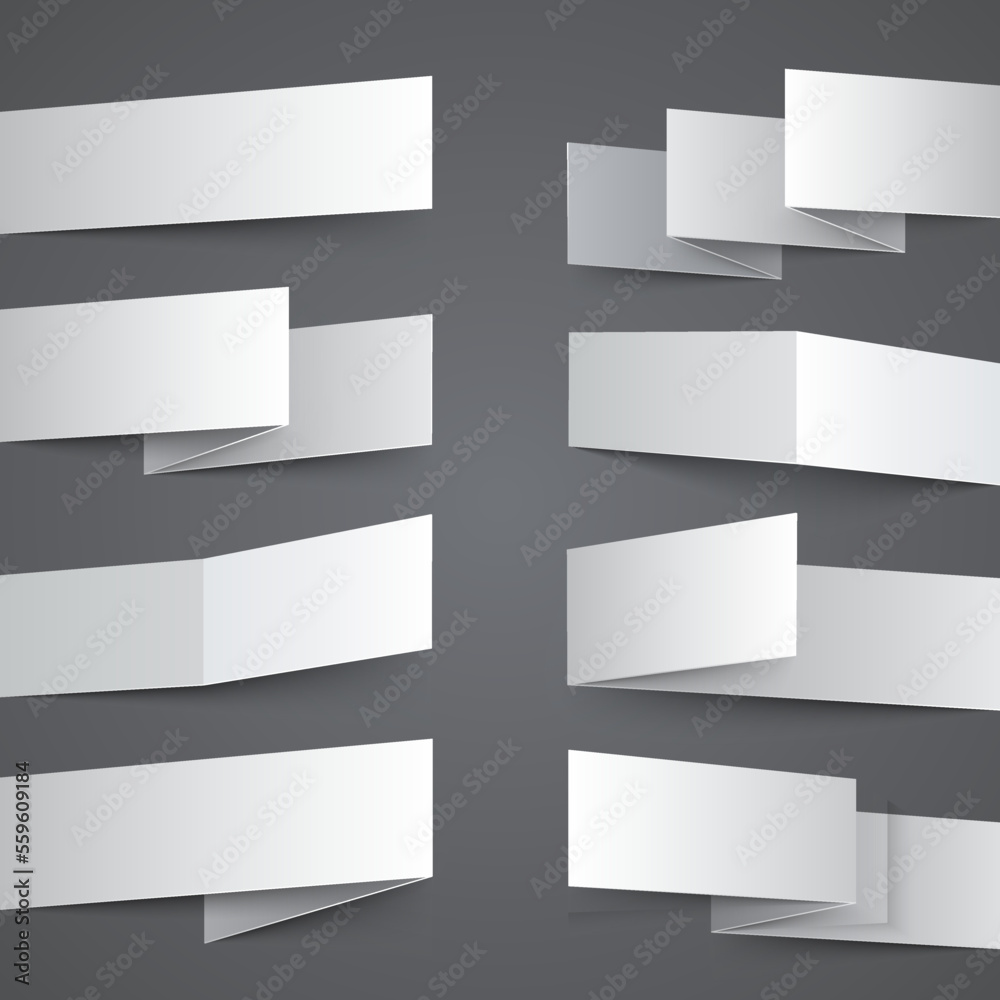 Folded white paper banners with realistic shadows on gray background Folded white paper banners with realistic shadows on gray background