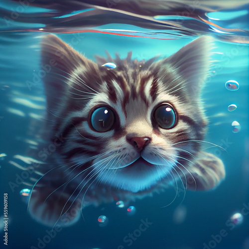 A cute cat swimming in ocean, generative ai
