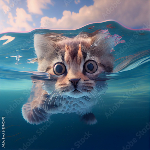 A cute cat swimming in ocean, generative ai
