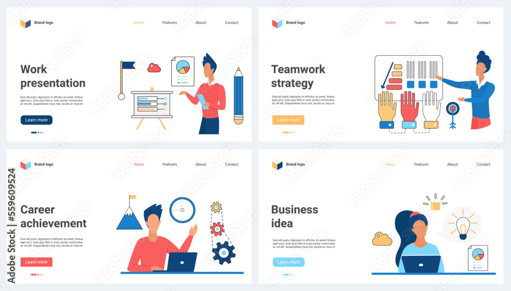 Team strategy presentation and work on business idea, career achievement set vector illustration. Cartoon tiny corporate leader training, teaching audience on lecture, people create light bulb project