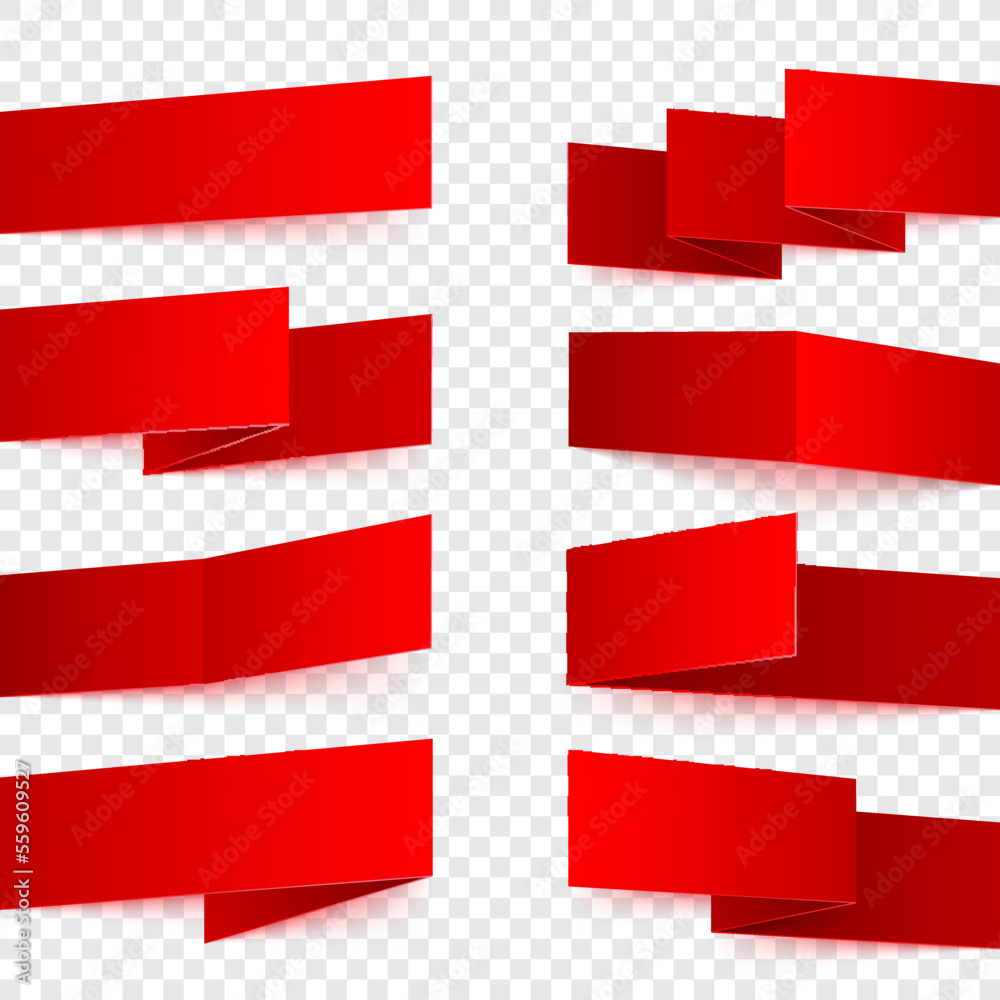 Folded red paper banners with realistic shadows on transparent background