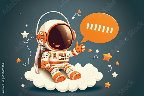 Fototapeta astronaut figure floating on a rocket while wearing a spacesuit and a headset microphone and giving the thumbs up
