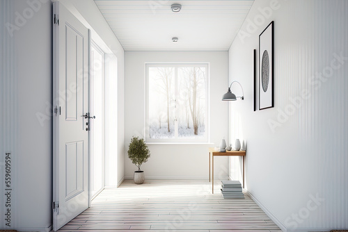 Interior design concept of a white, empty Scandinavian room with a hardwood floor, a sizable wall, and a white background. Generative AI