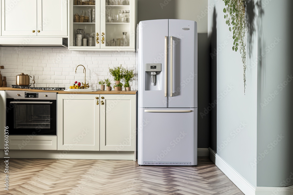 Parquet style kitchen flooring, a decorative new refrigerator and dishwasher, a shelf, a mirror, a lamp, and a styled plant vase. Generative AI Parquet style kitchen flooring, a decorative new refrigerator and dishwasher, a shelf, a mirror, a lamp, and a styled plant vase. Generative AI