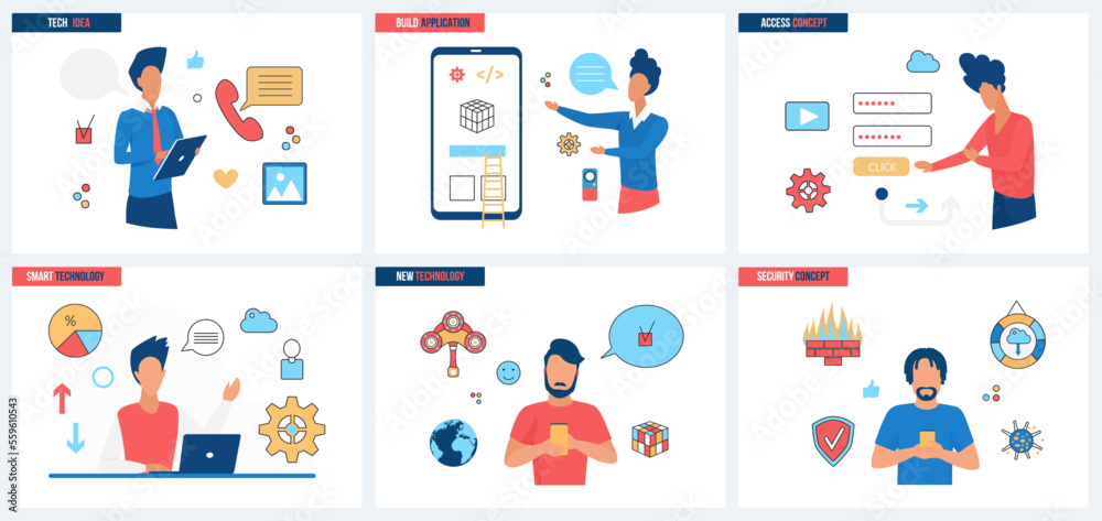 Mobile application development, smart technology for access security set vector illustration. Cartoon tiny people build project UI usability and new graphic design, protect personal data privacy