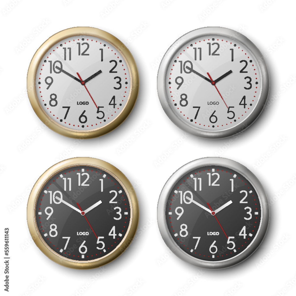 Vector 3d Realistic Golden, Silver Chrome, Steel Round Wall Office Clock Set, Design Template Isolated. White, Black Dial, Mock-up of Wall Clock for Branding, Advertise Isolated. Clock Face Design Vector 3d Realistic Golden, Silver Chrome, Steel Round Wall Office Clock Set, Design Template Isolated. White, Black Dial, Mock-up of Wall Clock for Branding, Advertise Isolated. Clock Face Design