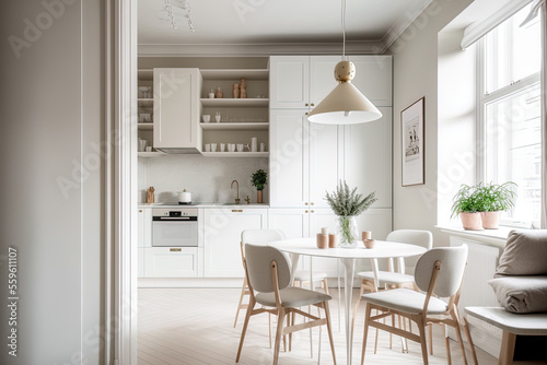 Warm pastel white and beige hues are used in the interior design of the big, cheerful studio apartment in the Scandinavian style. Modern touches in the kitchen and fashionable furnishings in the livin © 2rogan