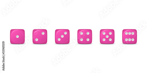 Vector 3d Realistic Pink Game Dice Icon Set Closeup Isolated. Game Cubes for Gambling, Casino Dices From One to Six Dots, Round Edges