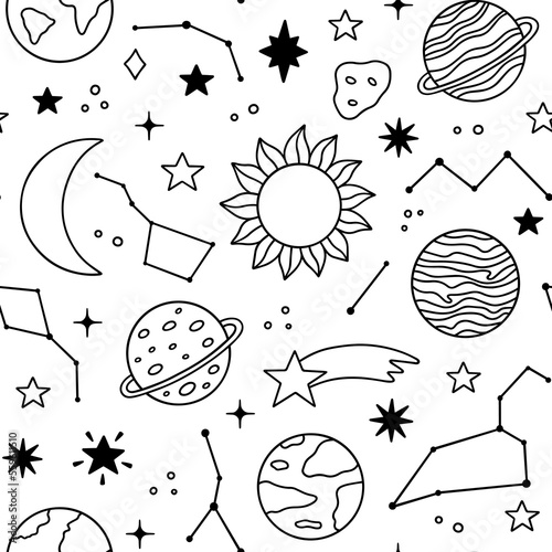 Seamless pattern of space doodle. Planets, stars, constellations, moon in sketch style. Solar system. Hand drawn vector illustration
