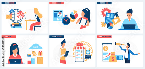 Implementation of system solutions, online processes and technical information support set vector illustration. Cartoon tiny people work with server systems and data flow, looking for success chance