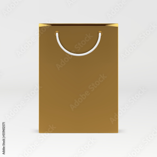 Paper shopping bag 3d golden premium fashion package goods purchasing realistic vector