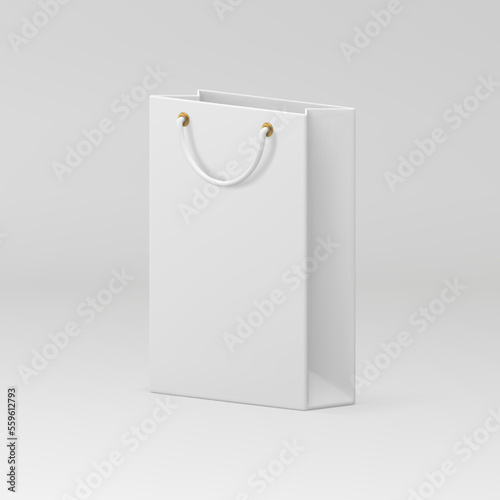 Paper shopping bag 3d white package purchasing goods carrying realistic vector illustration