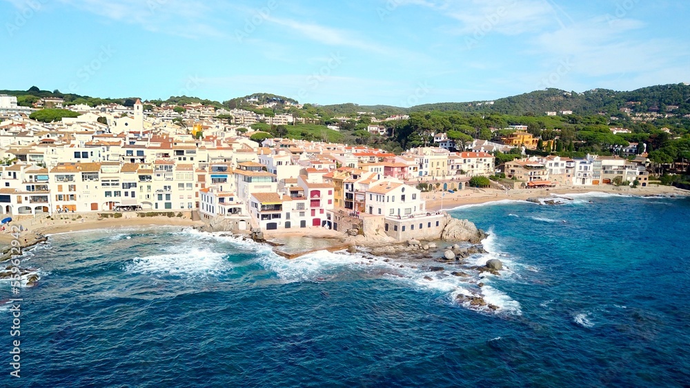 Calella de Palafrugell, aerial view from the Mediterranean Sea on the beautiful seaside town at the Costa Brava, fishing village, tourism, Palafrugell, Baix Empordà, Girona, Catalonia, Spain