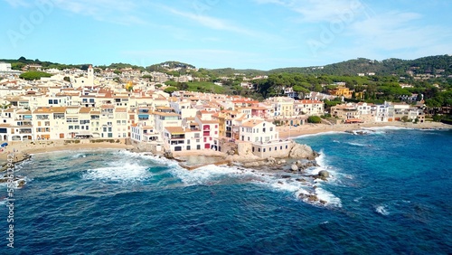 Calella de Palafrugell, aerial view from the Mediterranean Sea on the beautiful seaside town at the Costa Brava, fishing village, tourism, Palafrugell, Baix Empordà, Girona, Catalonia, Spain