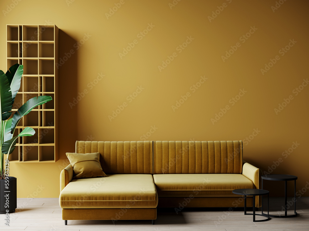 Bright mustard yellow living room. Ocher color in the interior design