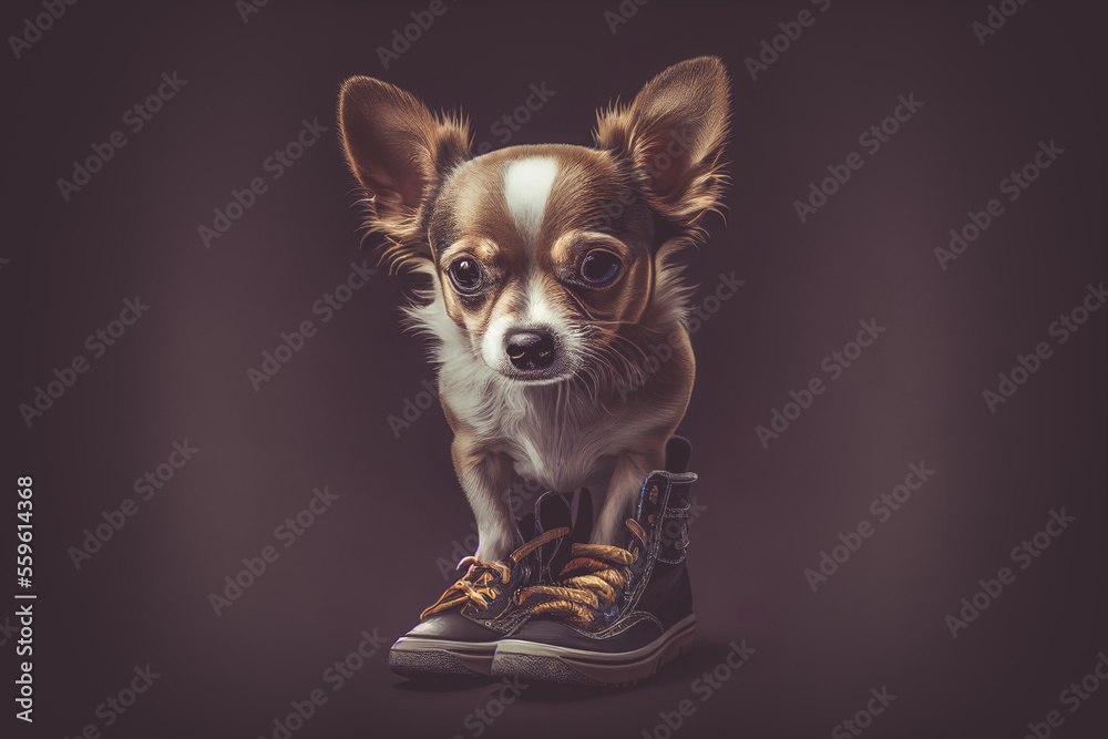 Illustrated portrait of a cute little chihuahua dog with shoes nearby on dark background. Content is created with generative ai Illustrated portrait of a cute little chihuahua dog with shoes nearby on dark background. Content is created with generative ai