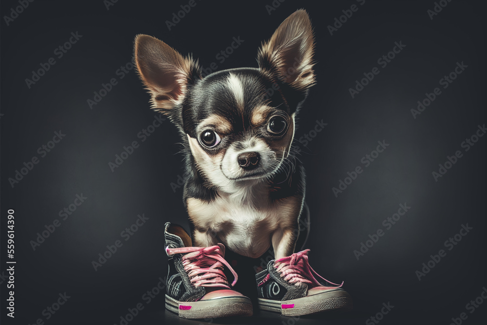 Illustrated portrait of a cute little chihuahua dog with shoes nearby on dark background. Content is created with generative ai