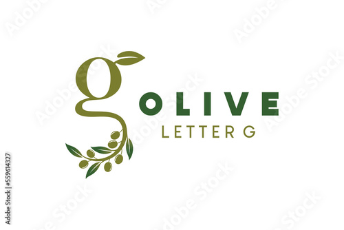 Olive logo design with letter g concept, natural green olive vector illustration