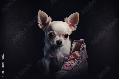 Illustrated portrait of a cute little chihuahua dog with shoes nearby on dark background. Content is created with generative ai
