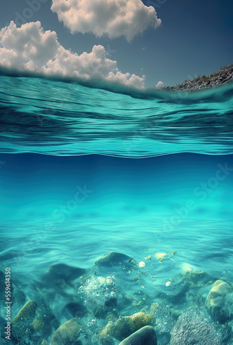 Underwater, clean water in a calm ocean, beautiful waterscape illustration, generative ai © Caphira Lescante