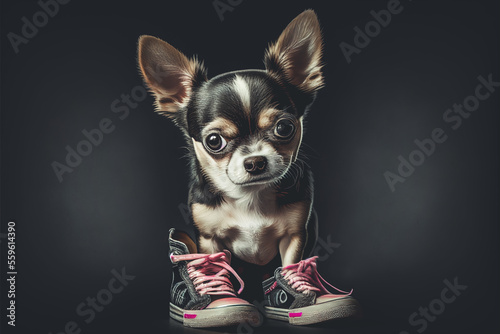 Illustrated portrait of a cute little chihuahua dog with shoes nearby on dark background. Content is created with generative ai photo