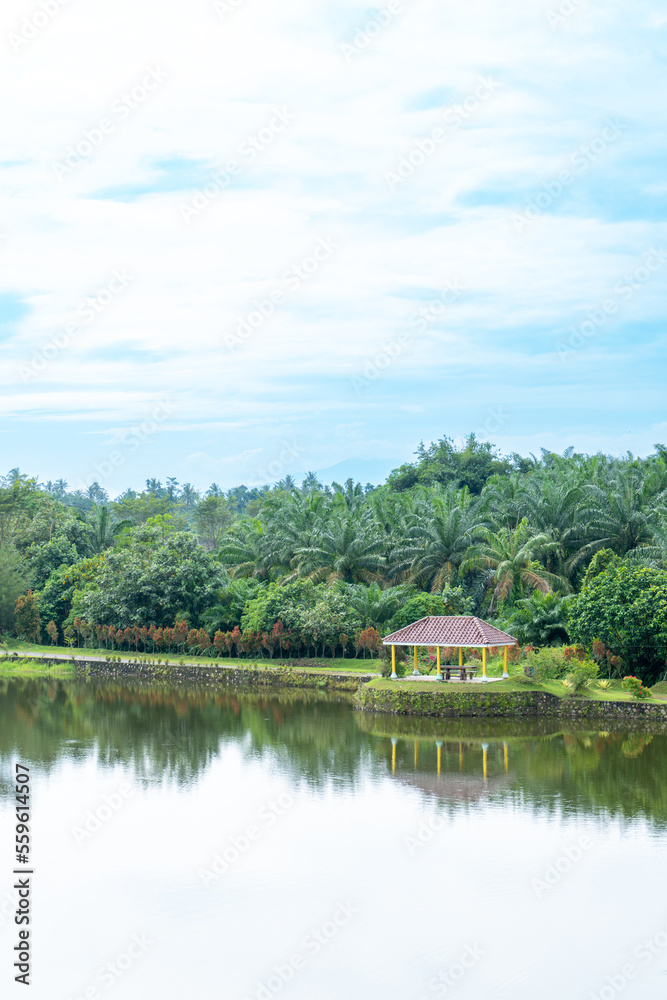 A scenic view from a building near a river taken from a far with a lot of trees around it