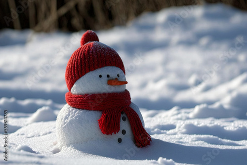 Lone snowman wearing a red hat during the winter. Generative AI © 2rogan