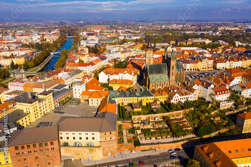Panoramic view from the drone on the city Hradec Kralove. Czech Republic