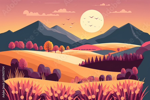 Autumn landscape at dusk with a pink  orange  and blue sky a backdrop of a vast picture of nature showing agricultural fields in harvest in mid autumn Wonderland fantasy cartoon backdrop banner in the