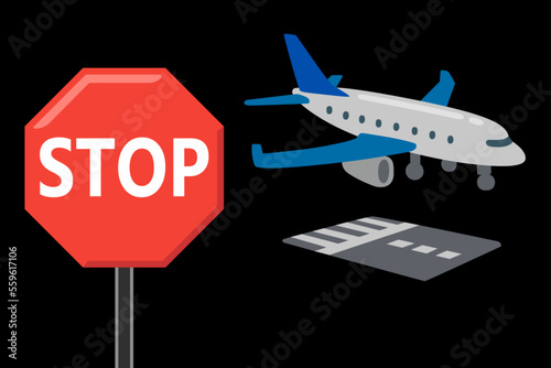 stop sign and arriving airplane on black background copy space,concept vector illustration