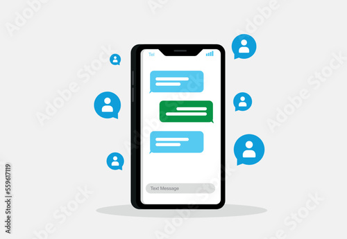 Modern vector mobile phone illustration with chat screen app, and messaging template. Social network, chatting and messaging concept