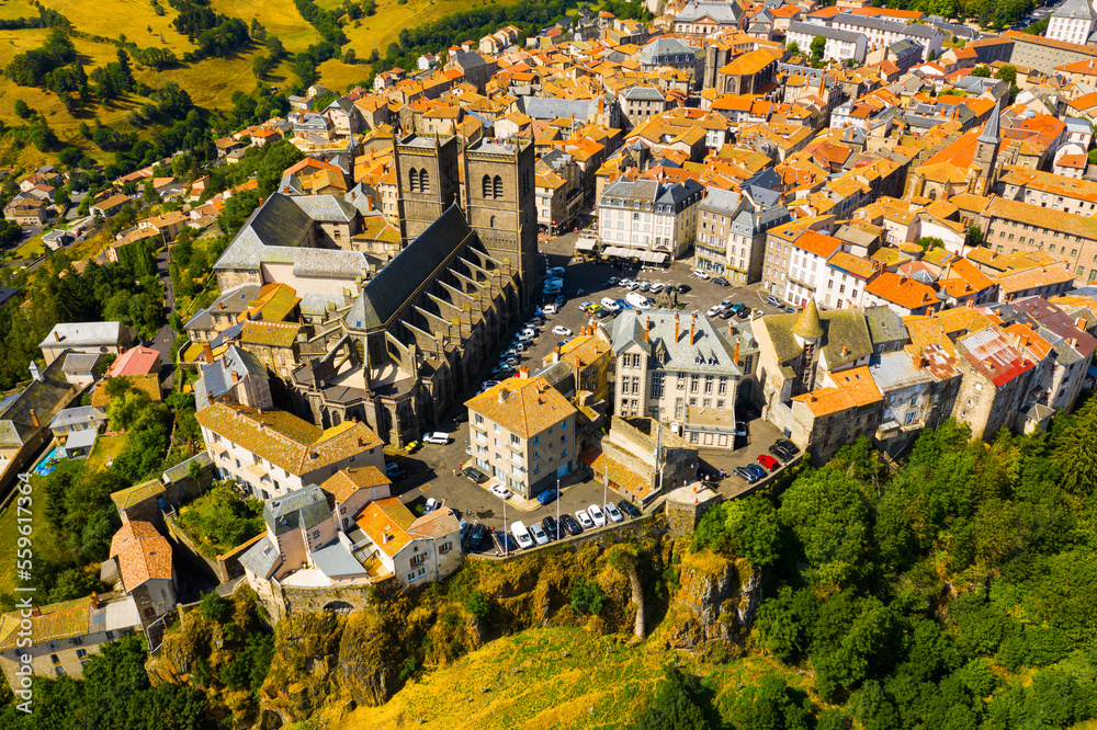 Scenic view of the city of Saint-Flour and Saint-Flour Cathedral in the Auvergne region. France