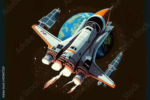 Over the globe  a shuttle is traveling through space. Space travel and the space race are expanding. image done in style. Generative AI