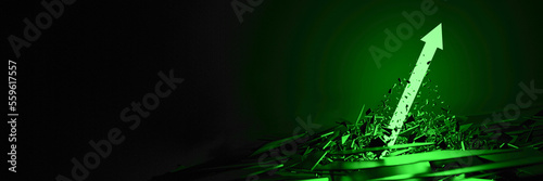 Disruptive green arrow going up and growing, original 3d rendering