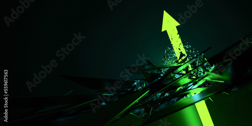 Disruptive green arrow going up, original 3d rendering