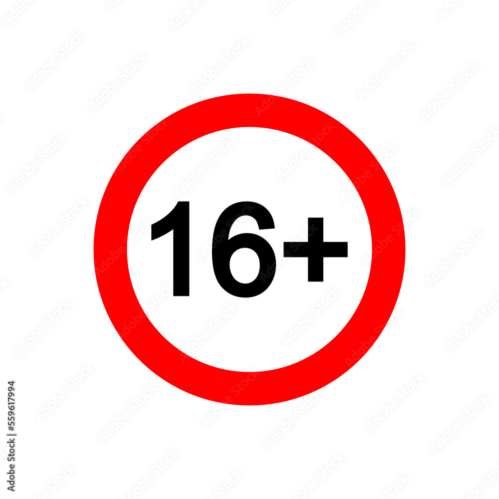 Sixteen plus icon. Number 16 in red circle isolated on white background. Age censor symbol. Movie viewing age limit label. Vector illustration Sixteen plus icon. Number 16 in red circle isolated on white background. Age censor symbol. Movie viewing age limit label. Vector illustration