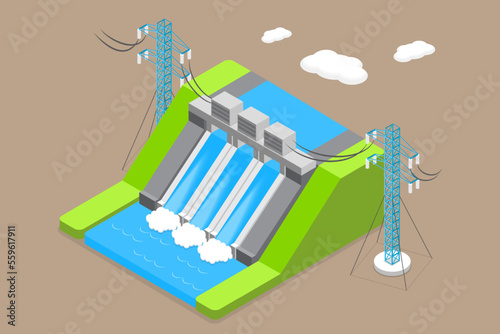 3D Isometric Flat Vector Conceptual Illustration of Hydroelectricity, Dam with Water for Electricity Producing