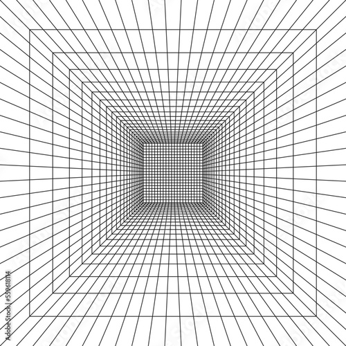 Square room, hallway, studio or portal wireframe in perspective. Box grid structure. Mesh in 3D dimension. Engineering, architecting or technical scheme