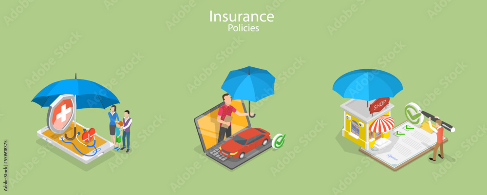 Naklejka premium 3D Isometric Flat Vector Conceptual Illustration of Insurance Policy Services, Health and Family Protection