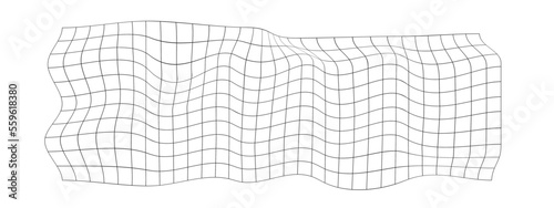 Distorted grid texture. Curvatured net. Warped mesh surface isolated on white background. Checkered pattern deformation. Bented lattice effect