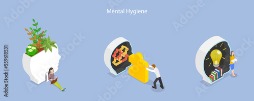3D Isometric Flat Vector Conceptual Illustration of Mental Hygiene, Psychological Wellness, Positive Thinking