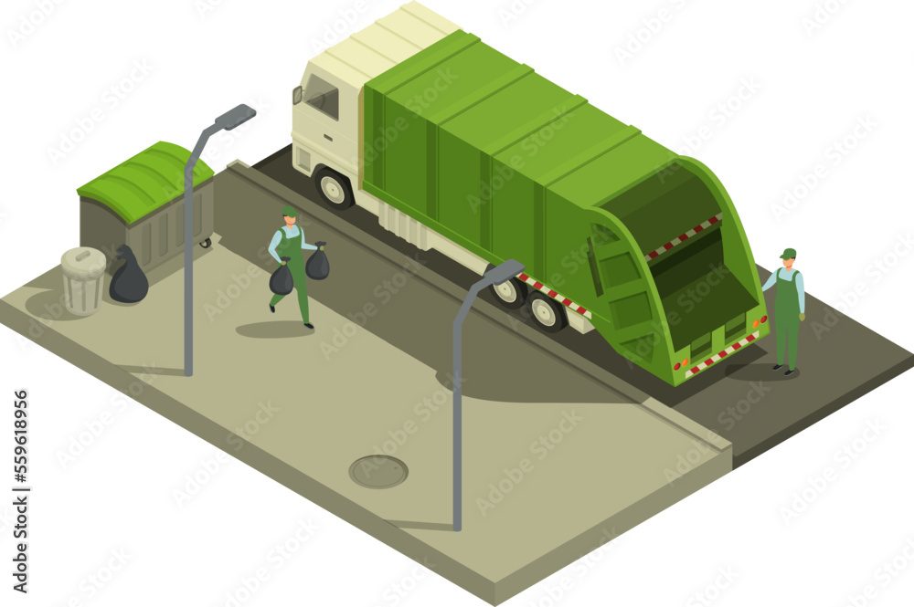 isometric street with garbage truck and workers, vector illustration isometric street with garbage truck and workers, vector illustration