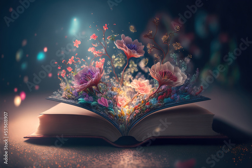 An open book with flowers coming out of it, Generative AI